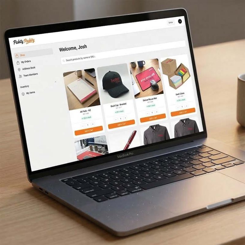 Branded merchandise portal showing product grid with stock levels