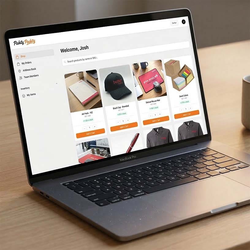 Branded merchandise portal showing product grid with stock levels