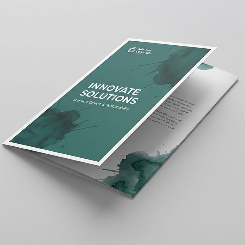 Six page A4 brochure with teal watercolour cover design, shown partially open to reveal interior panels with body text.