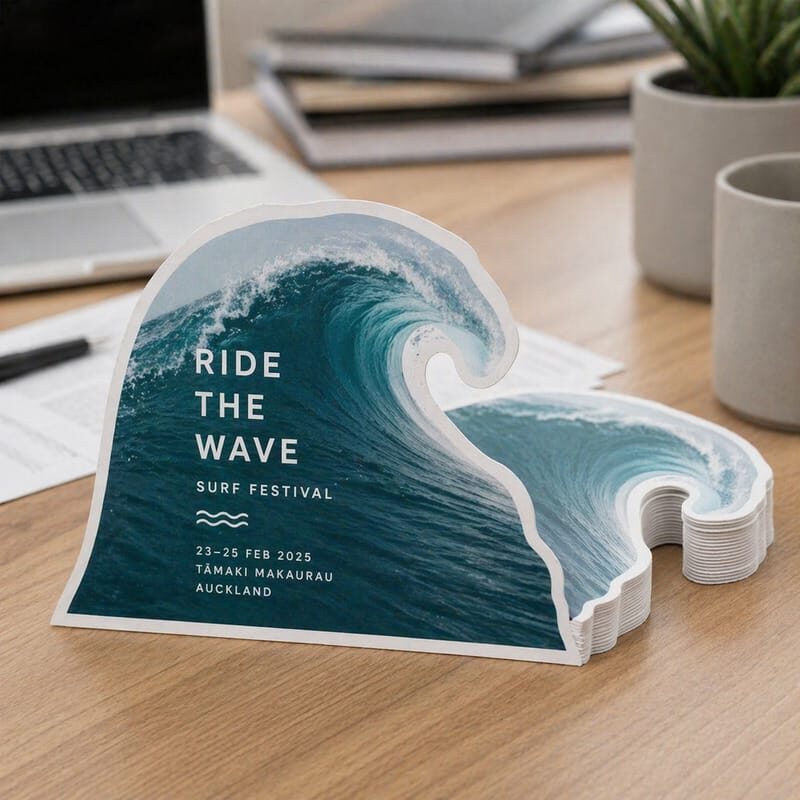 Custom die cut postcards in a wave shape, printed for an event promotion