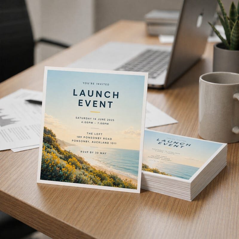 Custom printed square invitation postcards on satin matte stock for direct mail and event marketing in Auckland