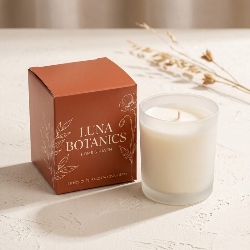 Custom printed terracotta candle gift box with cream botanical branding beside a frosted glass soy candle, digitally printed short-run packaging