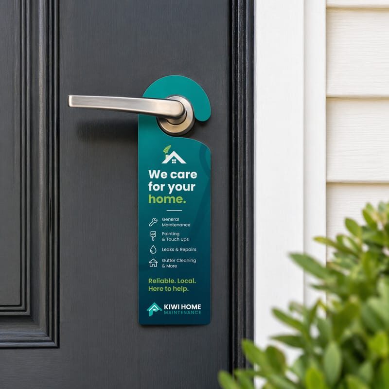 Die cut door hanger in a custom shape, hanging on a front door handle
