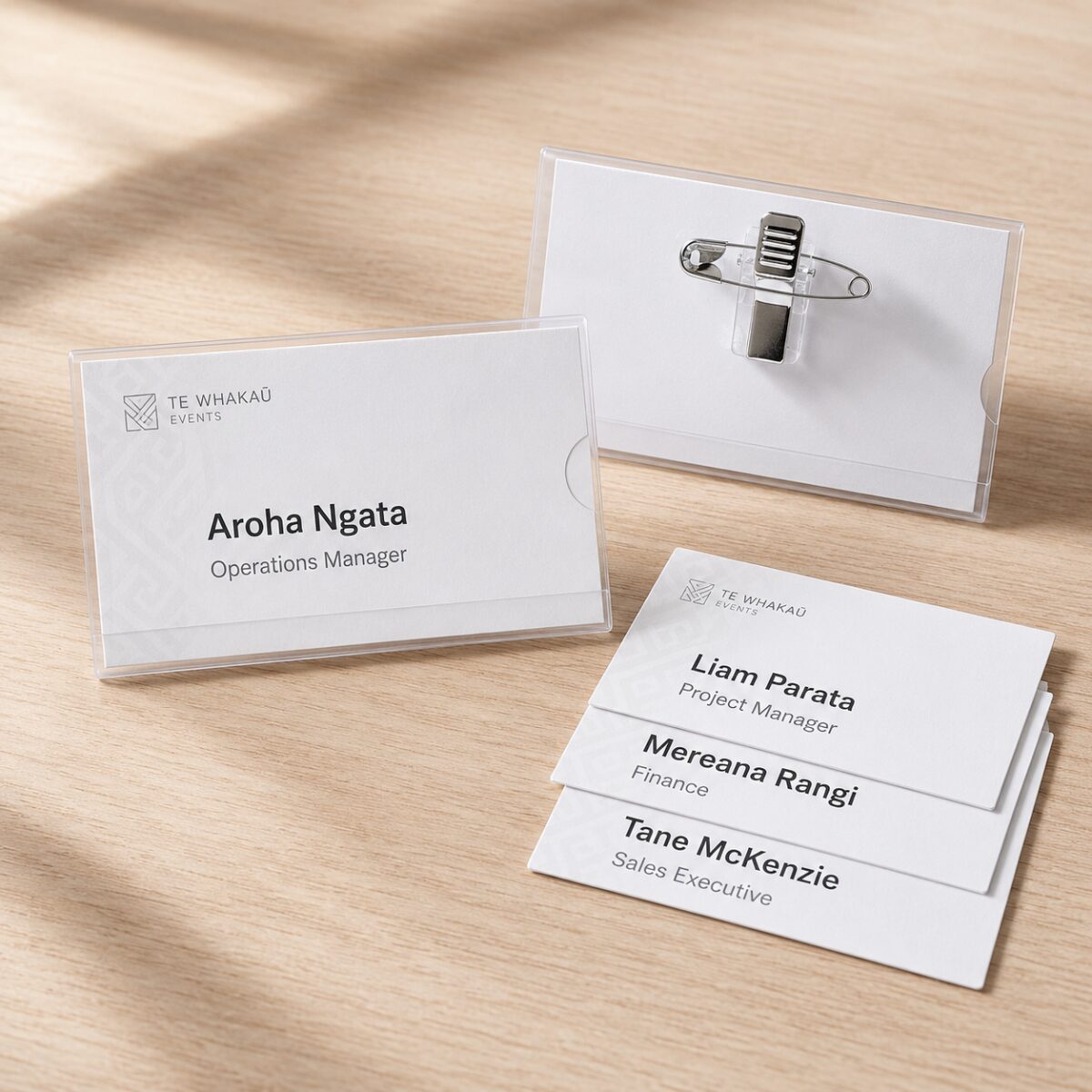 Printed 89 × 55mm name tag inserts in clear plastic holders with pin and clip backs, alongside a stack of personalised cards