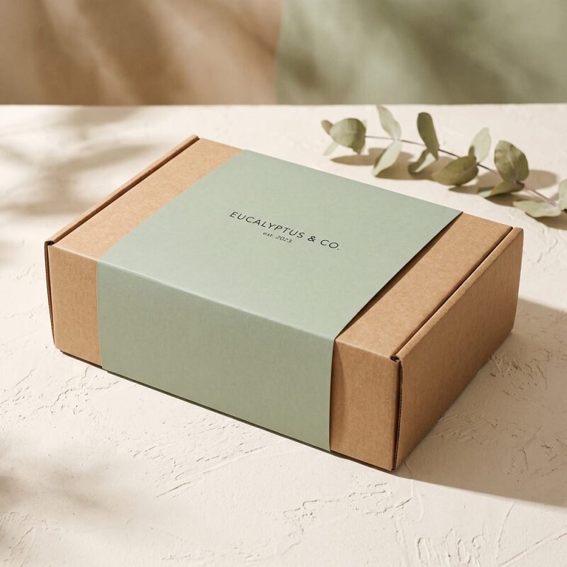 Kraft cardboard mailer box wrapped with a printed sage green box sleeve